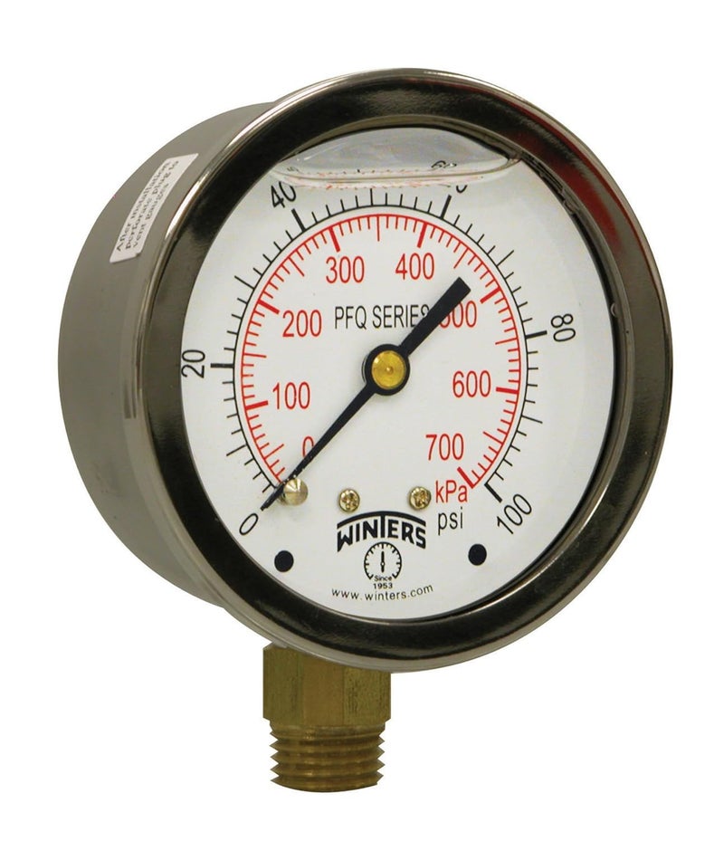 Winters 2-1/2" Dial Size, Liquid Filled Industrial Pressure Gauge, Brass Internals, 304 Stainless Steel Case, Dual Scale 0-100 psi/kPa, 1.5% Acc, 1/4" NPT Bottom Mount, Glycerin Filled Pressure Gauge